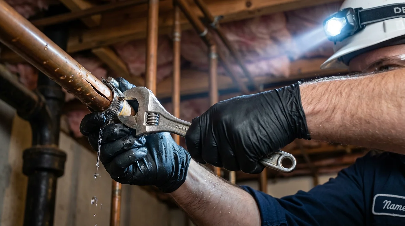 Emergency pipe clamp repair being performed by a Johns Plumbing LLC plumber in Queen Creek