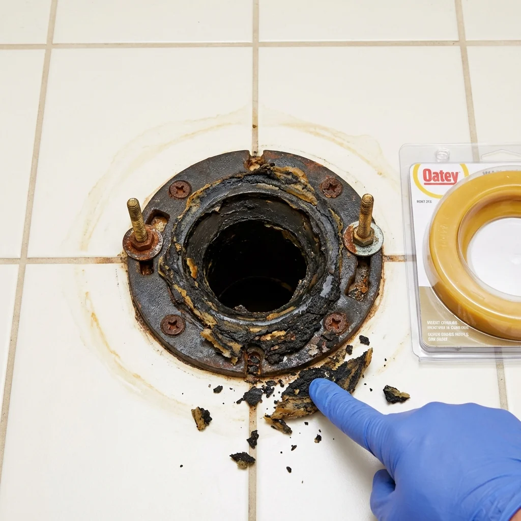 Failed wax ring showing water seepage at the base of a toilet in a Queen Creek, AZ home