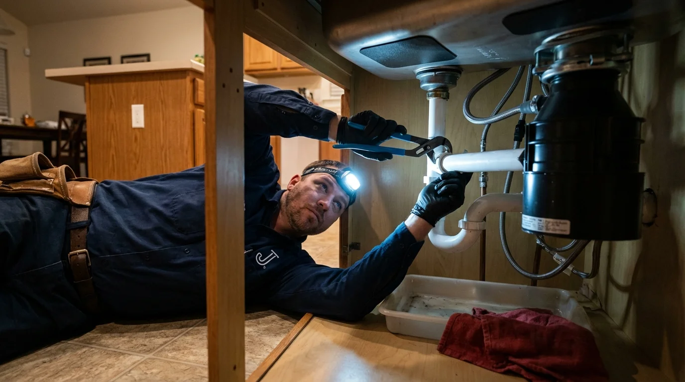 P-trap and supply line connections under a kitchen sink showing a common leak point in Queen Creek, AZ